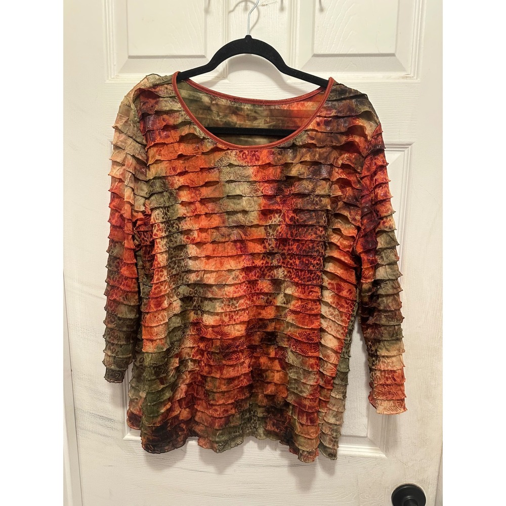 Tiered Ruffle Mesh Top Orange Green Earth Tone Print 3/4